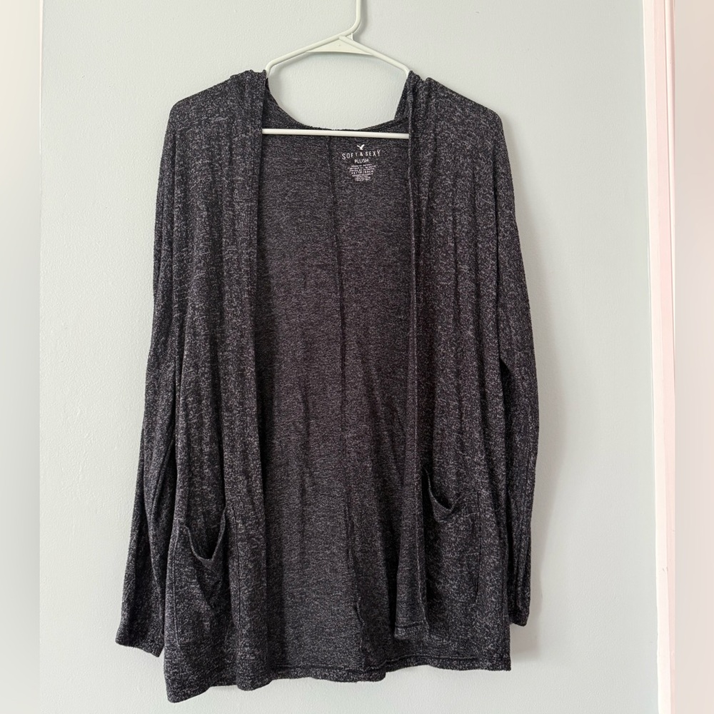 American Eagle Outfitters Open-Front Hooded Cardigan - Charcoal Heather